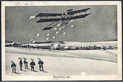 Glædelig Jul. Nisser kigger på fly, hvor nisse kaster breve ud. W. Schützsack no. 497a. 