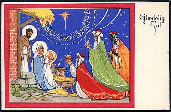Glædelig Jul. Jomfru Maria, Jesusbarnet og de 3 vise mænd. U/no. 