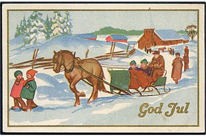 God Jul. Mennesker været i kirke og nu på vej hjem. Norsk Arbejde no. 360. 