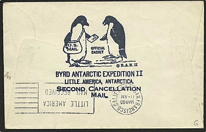 3 cents Byrd Antarctic Expedition II på brev stemplet Little America Antarctica d. 30.1.1935 til New York. På bagsiden transit stemplet: San Francisco/Little America Mail Received 25.3.1935.