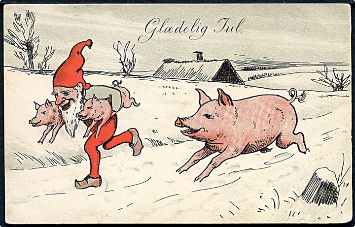 Ludvig Møgelgaard: Glædelig Jul. Gris jagter nissen, der har griseungerne under armene. Stenders u/no. 