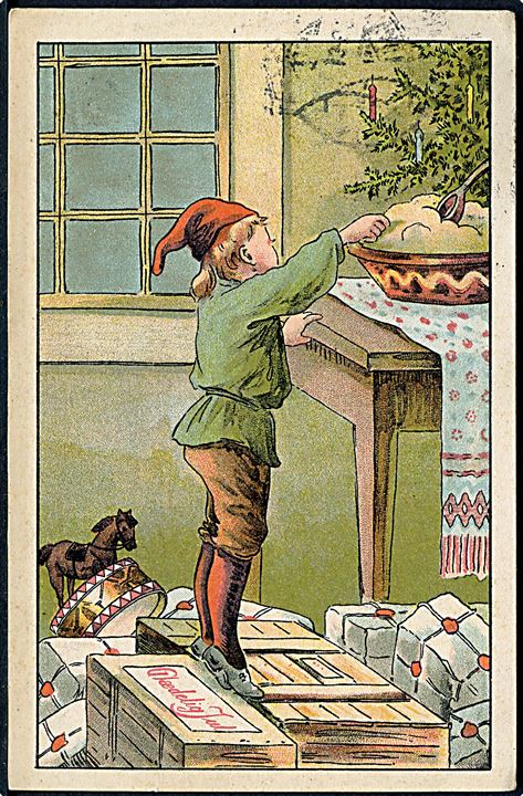 Glædelig Jul. Dreng / nisse står på kasse for at nå risengrøden. G. M., serie 116 no. 3. 