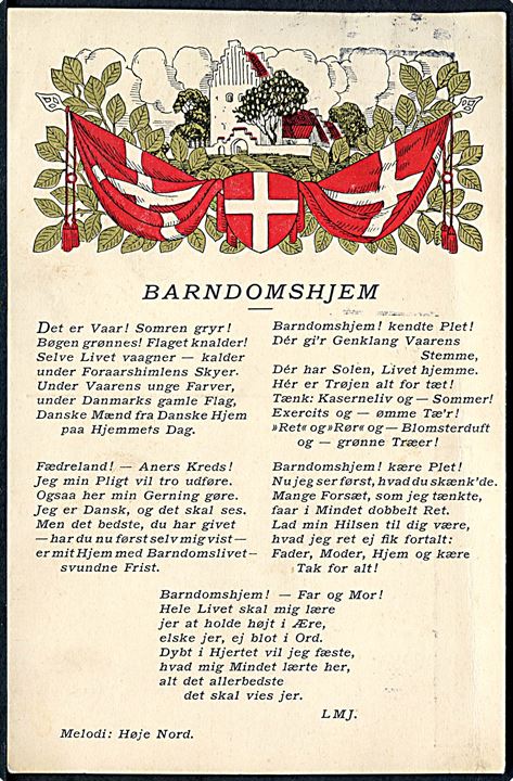 LKJ: Barndomshjem. Melodi: Høje Nord. (K. F. U. M.'s Soldaterhjem i København, Maj 1927). U/no. 