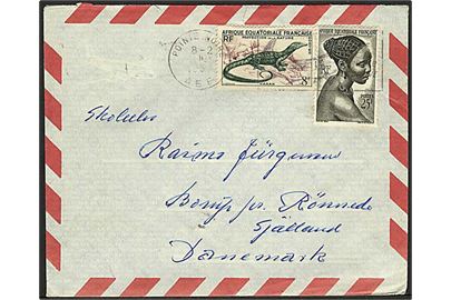 Fransk Ækvatorialafrika. 33 fr. blandingsfrankeret luftpostbrev fra Pointe Noire d. 8.2.1958(?) til Borup, Danmark.