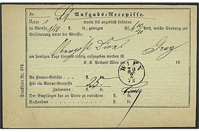 Kvittering for indlevering af værdibrev stemplet Wien d. 20.2.1875.