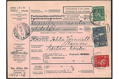 50 pen., 2 mk. Løve og 5 mk. Olofsborg på indenrigs postopkrævningsadressekort fra Helsinki d. 2.8.1939 til Nummi.
