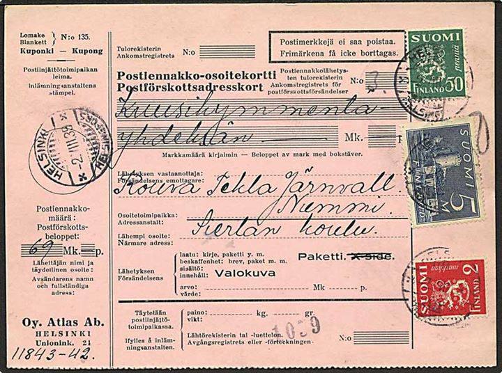 50 pen., 2 mk. Løve og 5 mk. Olofsborg på indenrigs postopkrævningsadressekort fra Helsinki d. 2.8.1939 til Nummi.