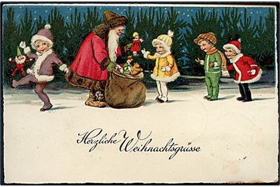 Herzliche Weihnachtsgrüsse. Julemanden i rød kåbe, deler gaver ud til børnene. WR & Co. 5568. (Anvendt 24.12.34). 