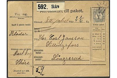 50 öre Gustaf single på adressekort for pakke fra Skåre d. 17.7.1914 til Långserud.
