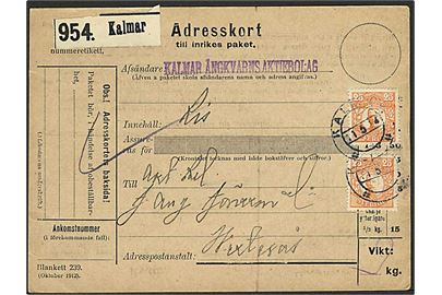 25 öre Gustaf (2) på adressekort for pakke fra Kalmar d. 11.5.1914 til Västeräs.