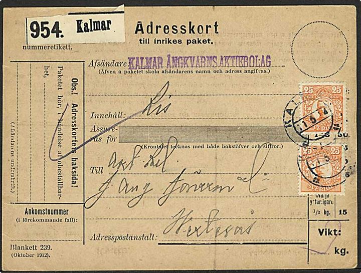 25 öre Gustaf (2) på adressekort for pakke fra Kalmar d. 11.5.1914 til Västeräs.