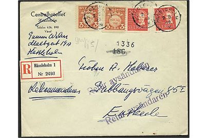 20 öre Strindberg (2) og 3 öre Tre Kroner (2) på anbefalet brev fra Hässleholm d. 2.5.1949 til Enskede. Retur som ikke afhentet.