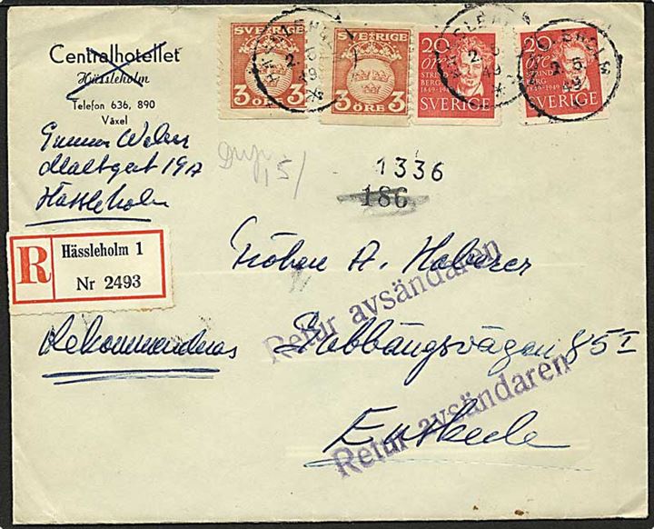 20 öre Strindberg (2) og 3 öre Tre Kroner (2) på anbefalet brev fra Hässleholm d. 2.5.1949 til Enskede. Retur som ikke afhentet.