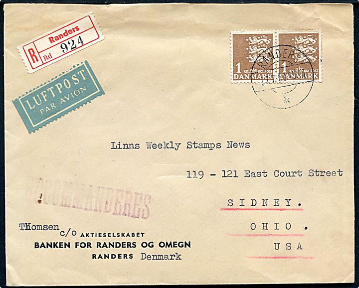 1 kr. Rigsvåben i parstykke på anbefalet luftpostbrev fra Randers d. 27.7.1950 via New York til Sidney, Ohio, USA.