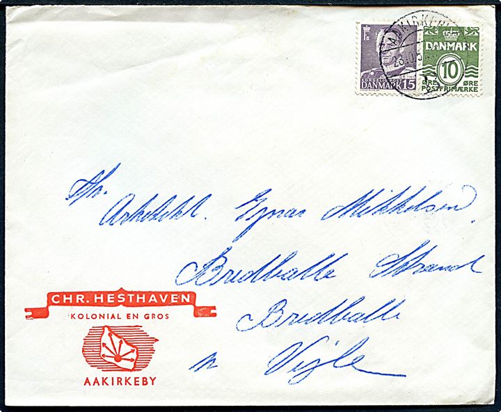 10 øre Bølgelinie og 15 øre Fr. IX på illustreret firmakuvert fra Chr. Hesthaven annulleret med brotype Vc Aakirkeby B. d. 23.10.1951 til Bredballe pr. Vejle.
