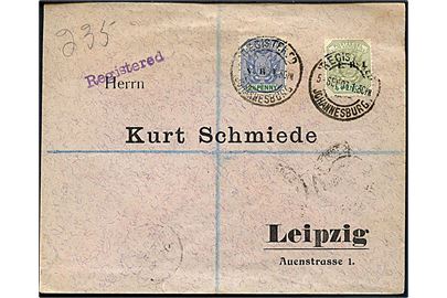 2½d V.R.I. og 4d E.R.I. provisorium på anbefalet brev fra Johannesburg d. 5.9.1903 til Leipzig, Tyskland.