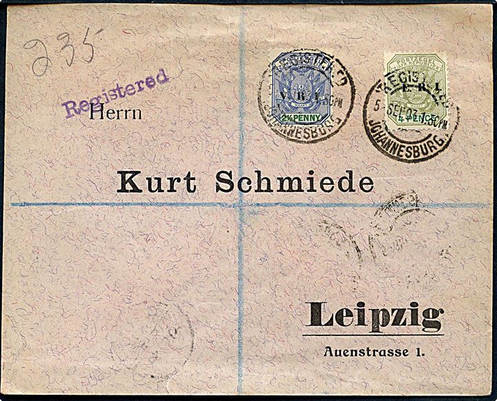 2½d V.R.I. og 4d E.R.I. provisorium på anbefalet brev fra Johannesburg d. 5.9.1903 til Leipzig, Tyskland.