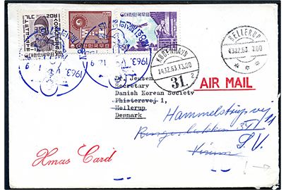 Blandingsfrankeret luftpostbrev fra Seoul d. 9.12.1963 til Hellerup, Danmark - eftersendt til Virum.