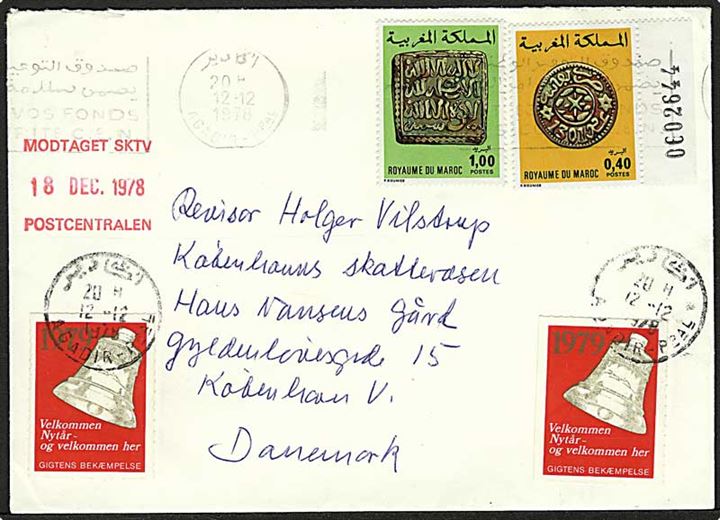 Marokko 1,40, samt Gigtens Bekæmpelse 1979 mærkat på brev fra Agadir d. 12.12.1978 til København, Danmark.