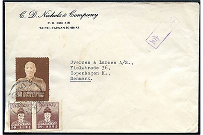 Taiwan. 50 c. Koxinga i parstykke og $2 Chang Kai-schek på tryksag fra Taipei i 1950'erne til København, Danmark.