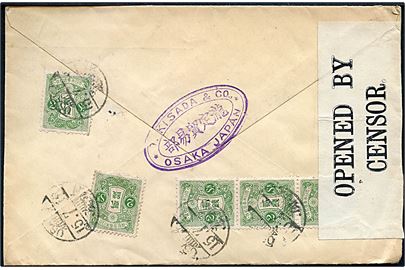 2 sn Tazawa (5) på bagsiden af brev fra Osaka d. 15.7.1918 til Arendal, Norge. Åbnet af britisk censur no. 4873.