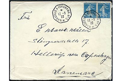 Fransk 25 c. i parstykke på brev annulleret med 8-kantet skibsstempel Marseille a Yokohama No 3 d. 13.3.1922 til Hellerup, Danmark. Ank.stemplet i Hellerup d. 5.4.1922.