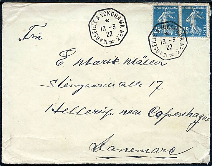 Fransk 25 c. i parstykke på brev annulleret med 8-kantet skibsstempel Marseille a Yokohama No 3 d. 13.3.1922 til Hellerup, Danmark. Ank.stemplet i Hellerup d. 5.4.1922.