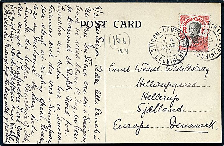 10 c. på brevkort (The Temple on Ganges, Benares) stemplet Saigon Central d. 9.3.1911 til Hellerup, Danmark.