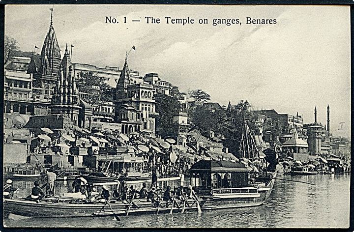 10 c. på brevkort (The Temple on Ganges, Benares) stemplet Saigon Central d. 9.3.1911 til Hellerup, Danmark.