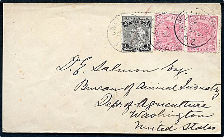 ½d og 1d (par) Victoria på brev fra Wellington d. 30.9.1896 til Washington DC, USA.