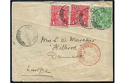 ½d og 1d (2) George V på brev fra Caboolture Queensland d. 21.10.1915 til Hillerød, Danmark. Rødt censurstempel: Passed Censor * Brisbane * d. 21.10.1915. 