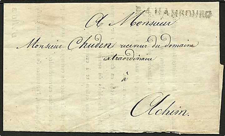 1811. Brev med fortrykt indhold på fransk fra Hamburg d. 4.8.1811 til Achim. Liniestempel: R.4 Hamburg.