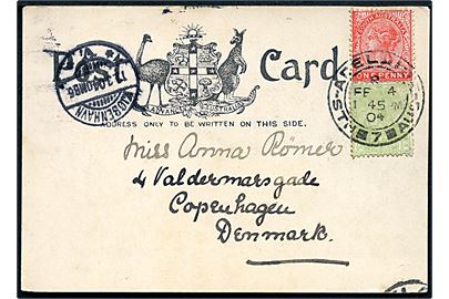 ½d Postbygning og 1d Victoria på brevkort (Aboriginals i Benny Boy's Camp) stemplet Adelaide d. 4.2.1904 til København, Danmark.