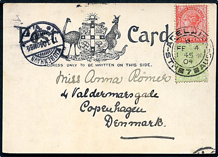½d Postbygning og 1d Victoria på brevkort (Aboriginals i Benny Boy's Camp) stemplet Adelaide d. 4.2.1904 til København, Danmark.