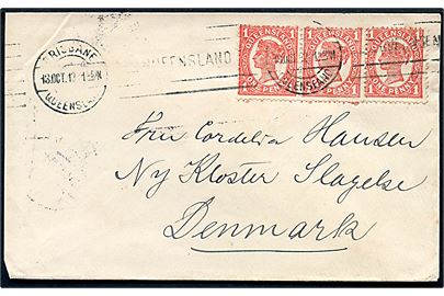 1d Victoria i vandret 3-stribe på brev fra Brisbane d. 13.10.1912 til Slagelse, Danmark.