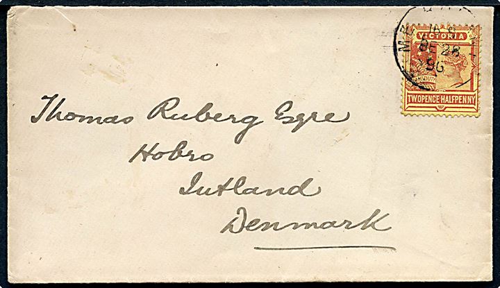 2½d Victoria single på brev fra Melbourne d. 28.9.1896 til Hobro, Danmark.
