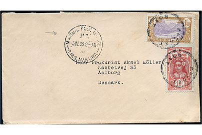 Fransk Oceanien 10 c. og 1,40 fr. på skibsbrev annulleret Packet Boat og sidestemplet Marine Post Office N.Z.  R.M.S. Makura d. 5.12.1939 til Aalborg, Danmark.