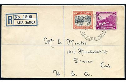 Western Samoa. 2d og 6d på anbefalet brev fra Apia d. 28.10.1938 til Denver, USA.