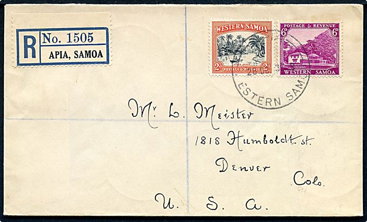Western Samoa. 2d og 6d på anbefalet brev fra Apia d. 28.10.1938 til Denver, USA.