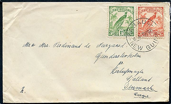 Territory of New Guinea. 1d og 2d på brev stemplet Rabaul New Guinea d. 3.4.1938 til Herlufmagle, Danmark. 
