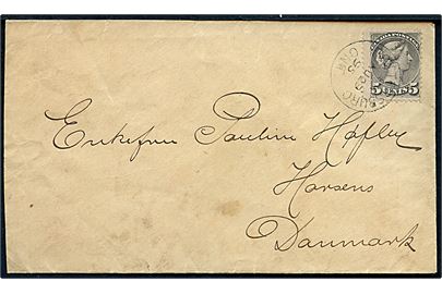 5 cents Victoria på brev stemplet Pottersburo Ont. d. 29.8.1895 til Horsens, Danmark. På bagsiden ank.stemplet Horsens d. 11.9.1895. 