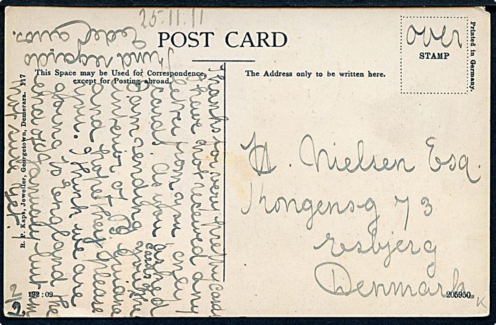 2 cents på billedside at brevkort (Sproston's Railway, discharging Cargo during Floods) stemplet Georgetown d. 25.11.1911 til Esbjerg, Danmark.