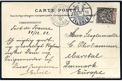 25 c. på brevkort stemplet Fort de France Martinique d. 30.12.1905 til Marstal, Danmark. Ank.stemplet i Marstal d. 18.1.1906.
