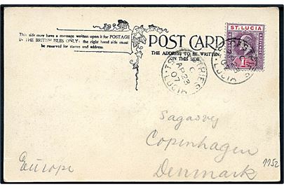 1d Edward VII på brevkort (Castries & Harbour) stemplet Castries St. Lucia d. 23.4.1907 til København, Danmark.