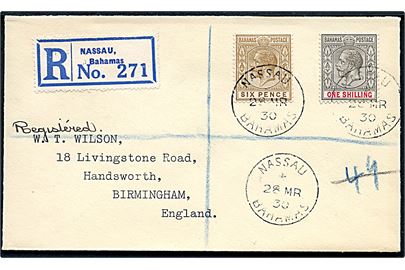 6d og 1 sh. George V på anbefalet brev fra Nassau Bahamas d. 28.3.1930 til Birmingham, England.