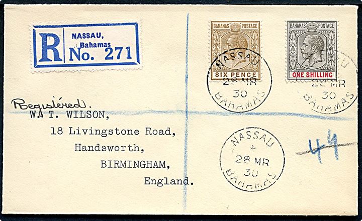 6d og 1 sh. George V på anbefalet brev fra Nassau Bahamas d. 28.3.1930 til Birmingham, England.