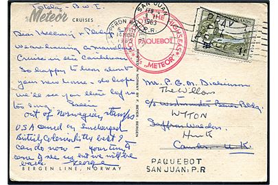 1 c. Elizabeth på brevkort (M/S Meteor) annulleret San Juan P.R. d. 14.2.1963 og sidestemplet Paquebot Jan Juan, P.R. til England. Privat skibsstempel: Posted on the Highseas / Paquebot / M/S Meteor.