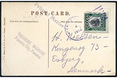 1 c. på tryksags kort (Roosevelt Ave., Cristobal, Canal Zone, Panama) stemplet Panama d. 4.3.1912 til Esbjerg, Danmark.