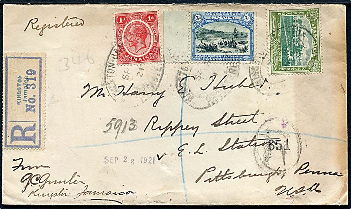 1d George V, ½d og 3d Landskab på anbefalet brev fra Kingston d. 5.9.1924 via New York til Pittsburgh, USA.