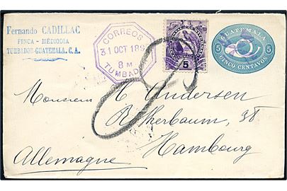 5 c. helsagskuvert opfrankeret med 5 c. fra Tumbador d. 31.10.1895 til Hamburg, Tyskland.